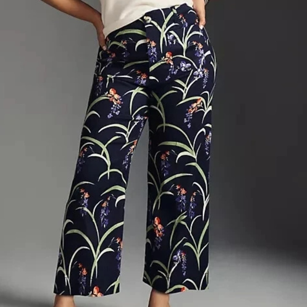 Anthropologie Maeve 32 Colette Cropped Wide-Leg Pants Dark Blue Floral linen